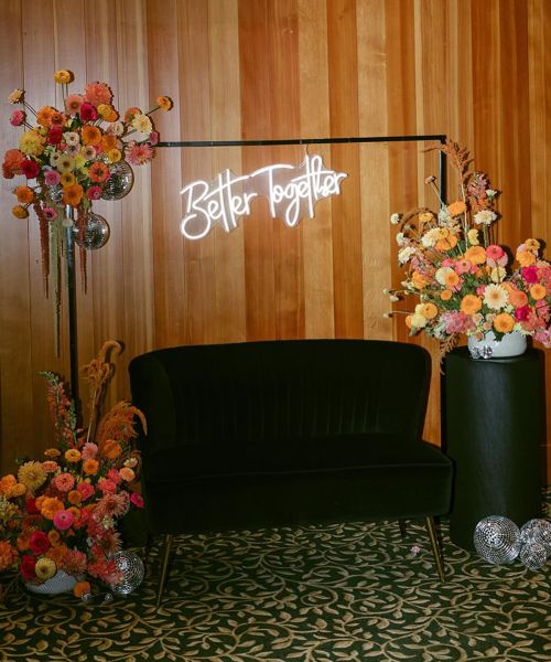 Timeless Party Rentals wedding photo with 'Better Together' sign